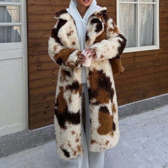 Multicolor Casual Women's Cow Print Faux Fur Jacket